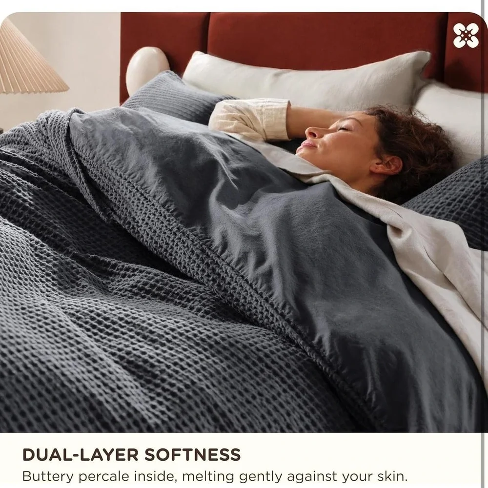 Bedsure King Duvet Cover Set 100% Cotton Gray Waffle Soft Breathable Cozy
